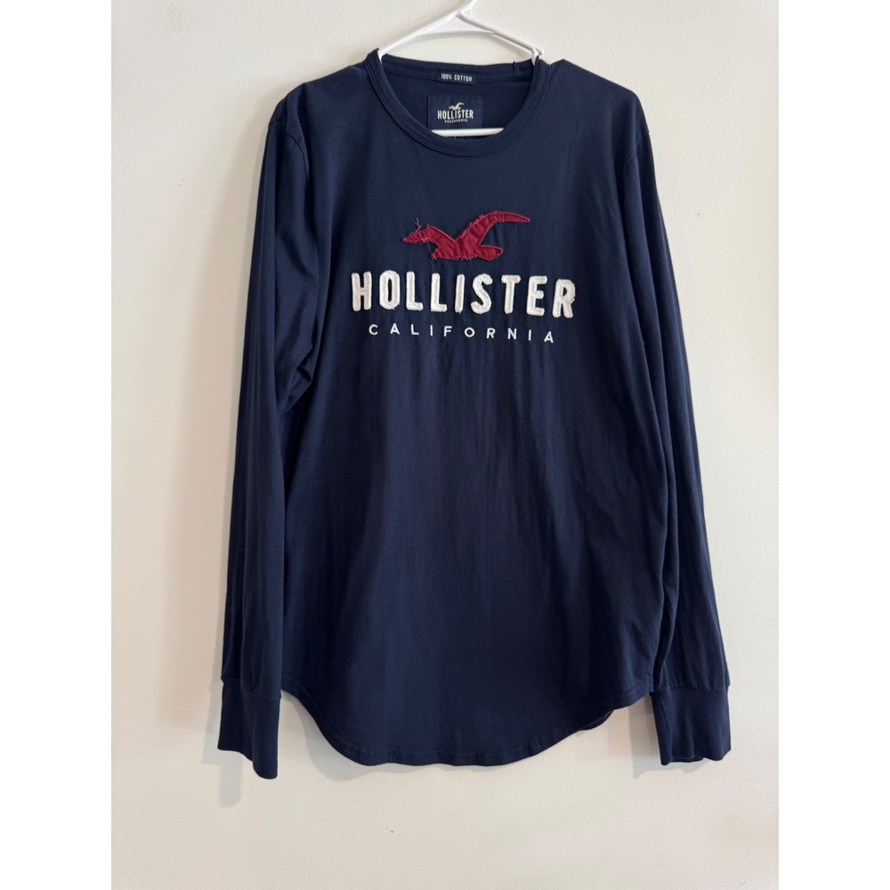 Hollister Long Sleeve Graphic Tee Mens Large Navy Blue Applique Logo